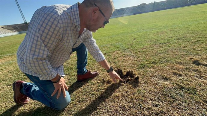 Carlos Alberca observa el césped en el Nuevo Estadio Municipal de La Victoria.