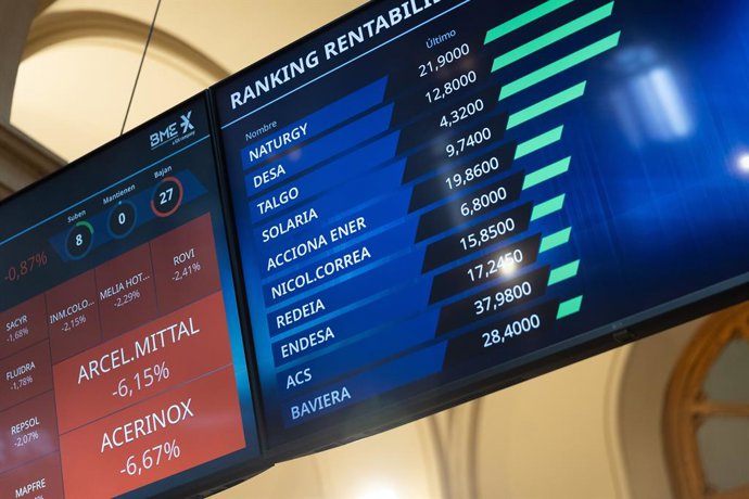 Archivo - Paneles del Ibex 35 en el Palacio de la Bolsa, a 16 de abril de 2024, en Madrid (España). 