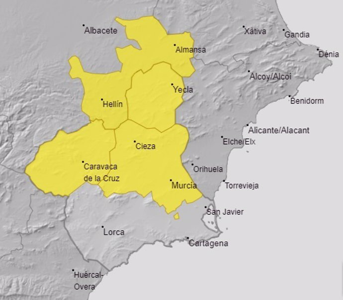 Activado el aviso amarillo por altas temperaturas para este domingo en el Altiplano, el Noroeste y la Vega del Segura