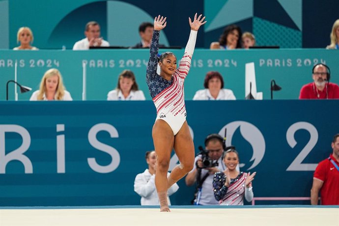 Jordan Chiles of United States competes in the Floor Exercises during Women's Team Final of the Artistic Gymnastics on Bercy Arena during the Paris 2024 Olympics Games on July 30, 2024 in Paris, France.