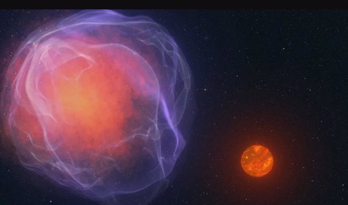 Esta concepción artística muestra una enana blanca hipotética (a la izquierda) que explotó como supernova. El objeto de la derecha es CWISE J1249, una estrella o enana marrón expulsada de este sistema como resultado de la explosión.