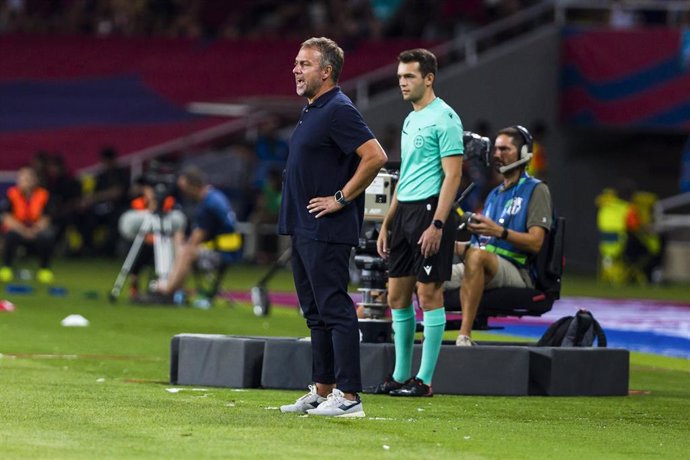 Hansi Flick, head coach of FC Barcelona, gestures during the Trofeo Joan Gamper, match played between FC Barcelona and AS Monaco at Estadio Olimpico de Montjuic on August 12, 2024 in Barcelona, Spain.