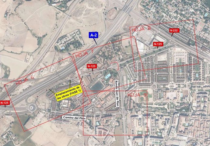 Mapa con las distintas zonas que se verán afectadas conforme vayan avanzando las obras de integración urbana de la carretera del Aeropuerto N-125.