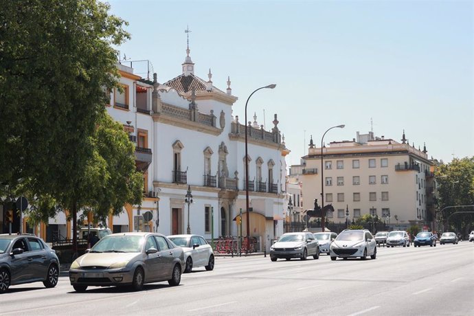 Coches circulan junto a la Plaza de la Maestranza en el Paseo de Colón, que acogerá la zona de meta.