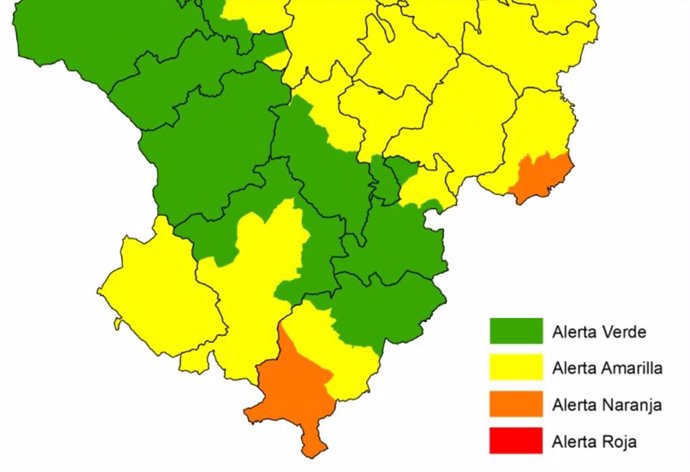 Parte del mapa de la Comunidad con los Puertos de Beceite y Javalambre destacados en nivel de alerta naranja.