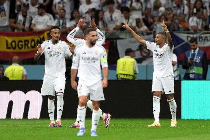 14 August 2024, Poland, Warsaw: Real Madrid's Kylian Mbappe (R) celebrates scoring his side's second goal during the UEFA Super Cup 2024 match between Real Madrid CF and Atalanta BC at the national stadium. Photo: Massimo Paolone/LaPresse via ZUMA Press
