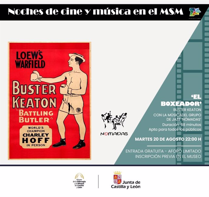 Cartel de la proyección de 'El boxeador', con banda sonora en directo a cargo del grupo Nómadas, en el marco del ciclo 'Cine y música' del Museo de la Siderurgia y la Minería.