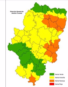 Mapa con el nivel de alertas por riesgo de incendios para este domingo en Aragón