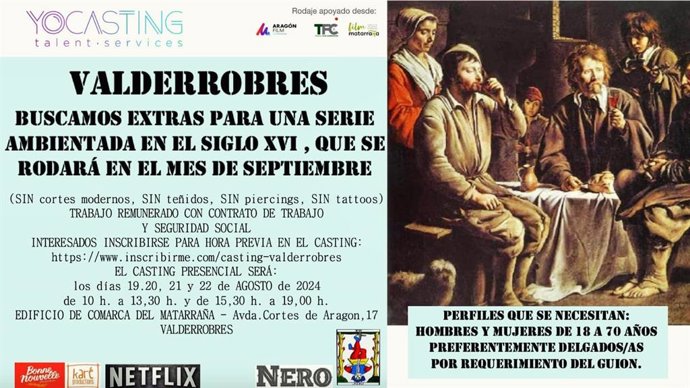 Cartel de la convocatoria que busca extras para el rodaje en Valderrobres.
