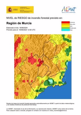 El nivel de riesgo de incendio forestal previsto para este lunes es muy alto en el interior de la Región