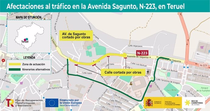 Afectaciones al tráfico por las obras en la avenida de Sagunto de Teruel.