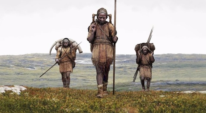 Reconstrucción artística de un grupo de cazadores-recolectores de la Edad del Hielo.