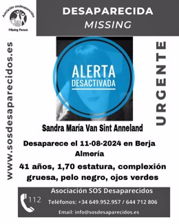 Cartel donde se comunica la desactivación de la alerta por la desaparición de la mujer en Berja (Almería).