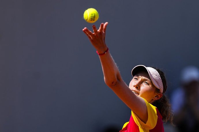 Cristina Bucsa of Spain in action against Leylah Fernandez of Canada during their Women's Singles Second Round tennis match on Roland-Garros - Court 7 during the Paris 2024 Olympics Games on July 29, 2024 in Paris, France.