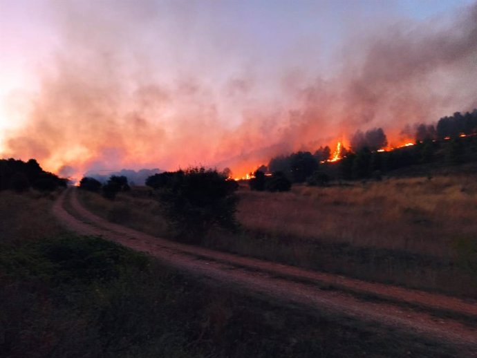 Las llamas del incendio de Castrillo de los Polvozares (León) durante su avance en la tarde del lunes.