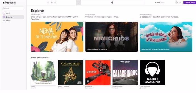 Interfaz de Explorar de la web de Apple Podcasts