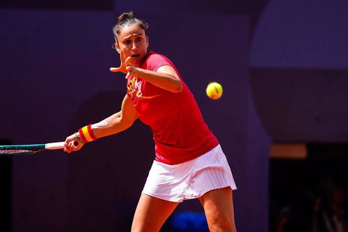 Sara Sorribes Tormo of Spain in action during her match with Cristina Bucsa of Spain against  Karolina Muchova of Czechia and Linda Noskova of Czechia during Women's Doubles Bronze Medal Match on Court Philippe-Chatrier at Roland-Garros Stadium during the