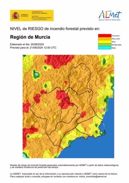 El nivel de riesgo de incendio forestal previsto para este miércoles es muy alto en la mayor parte de la Región