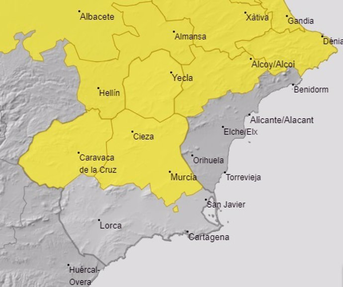 La Aemet emite un aviso amarillo por lluvias y tormentas este jueves en el Altiplano, el Noroeste y la Vega del Segura