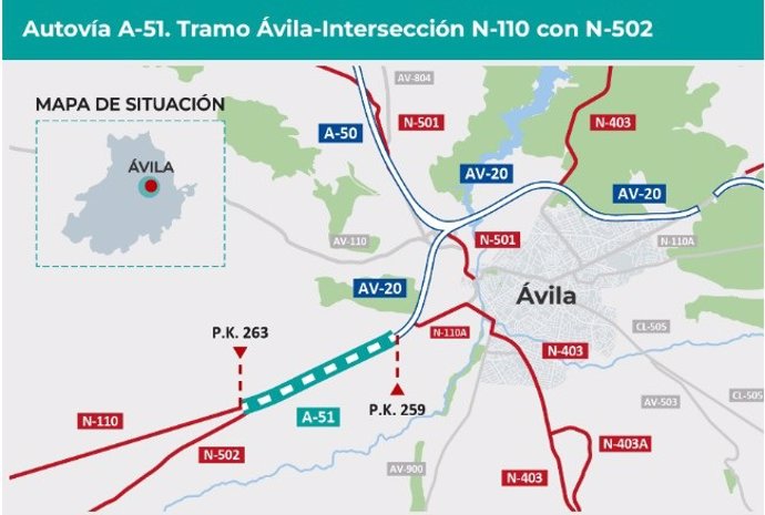 Transportes formaliza por 664.823 euros la redacción del nuevo tramo de la A-51, al oeste de la ciudad de Ávila.