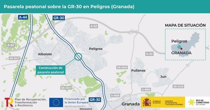 Mapa de la pasarela peatonal sobre la GR-30 en Peligros