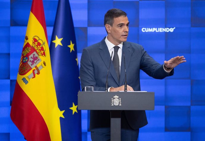 El presidente del Gobierno, Pedro Sánchez, comparece para hacer balance del curso político, en el Complejo de la Moncloa, a 31 de julio de 2024, en Madrid (España). 