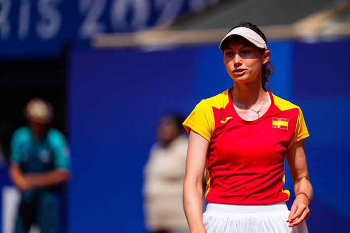 Cristina Bucsa of Spain in action during her match with Sara Sorribes Tormo of Spain against  Karolina Muchova of Czechia and Linda Noskova of Czechia during Women's Doubles Bronze Medal Match on Court Philippe-Chatrier at Roland-Garros Stadium during the