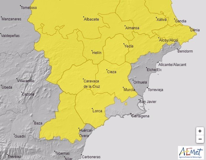 La mayor parte de la Región de Murcia está este jueves por la tarde en alerta por lluvias y tormentas