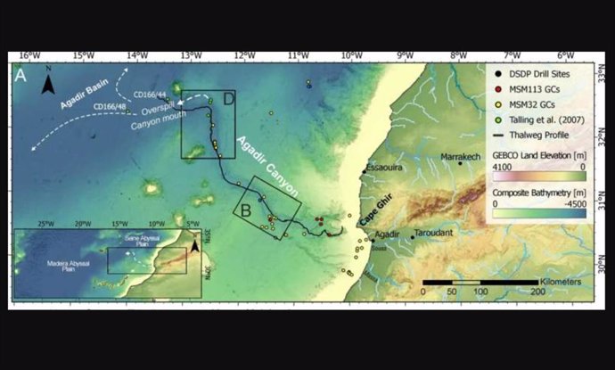 Trayectoria de la avalancha submarina desatada en el Cañón de Agadir hace 60.000 años