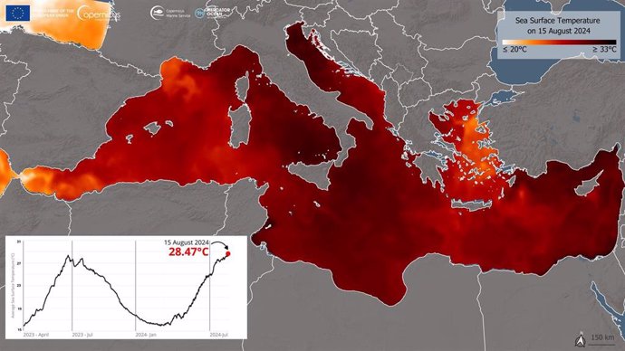 La temperatura de la superficie del Mediterráneo es superior a los 28ºC desde el 6 de agosto, según Copernicus.