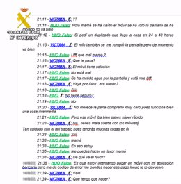 Imagen de captura de mensajes de WhatsApp empleados para la estafa del 'faslo hijo en apuros'