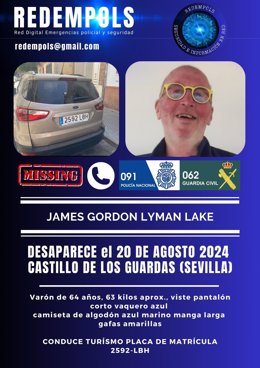 Cartel sobre la desaparición de James Gordon Lyman Lake