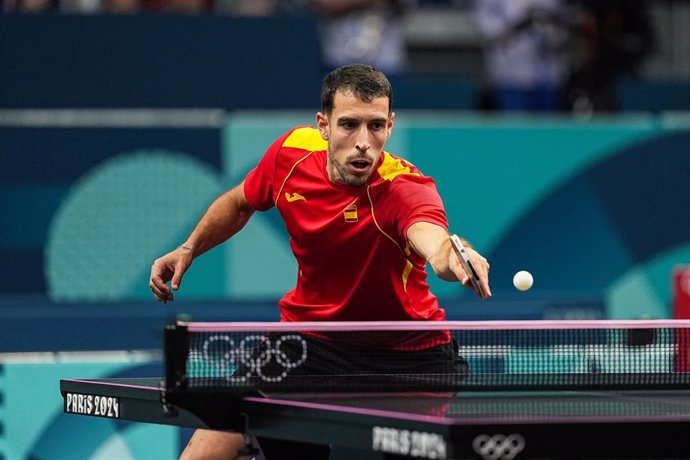 Alvaro Robles of Spain in action against Hugo Calderano of Brazil during men's Singles Round of 32 on South Paris Arena 4 during the Paris 2024 Olympics Games on July 30, 2024 in Paris, France.