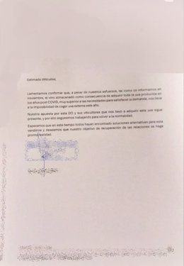 Carta recibida por productor de uva de la DO Ribeira Sacra