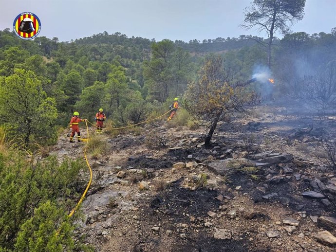 Bomberos trabajan en la extinción de un incendio forestal en Jalance (Valencia)