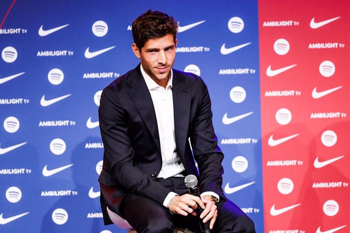 Sergi Roberto attends his press conference to leave FC Barcelona at Auditorio 1899 on 13 August 2024 in Barcelona, Spain.