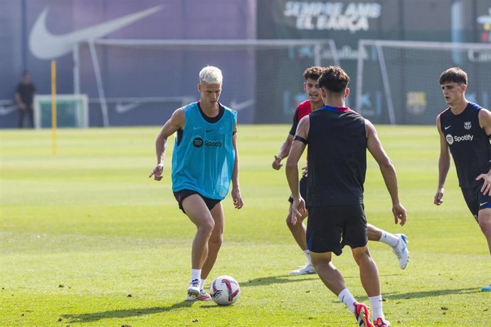 Dani Olmo of FC Barcelona in action during a training sessions before the Spanish League, La Liga EA Sports, football match against Athletic Club de Bilbao at Ciudad Esportiva Joan Gamper on August 23, 2024 in Sant Joan Despi, Barcelona, Spain.