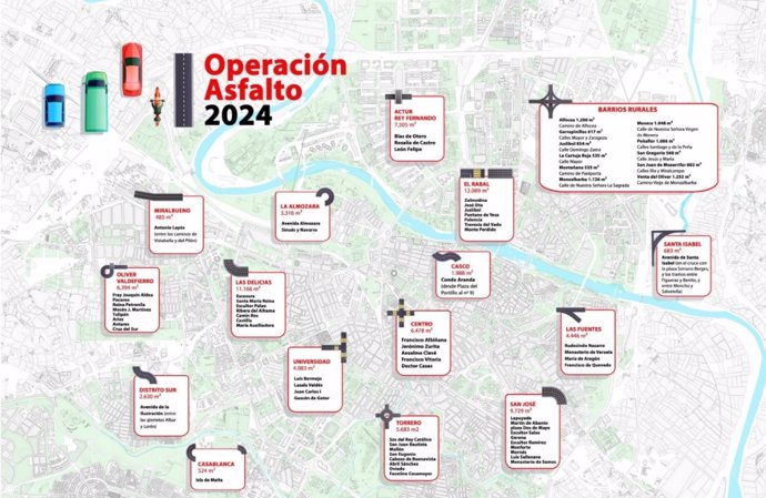 Cuadro resumen del reparto de inversiones por barrios de la operación asfalto 2024 que lleva a cabo el Ayuntamiento de Zaragoza.