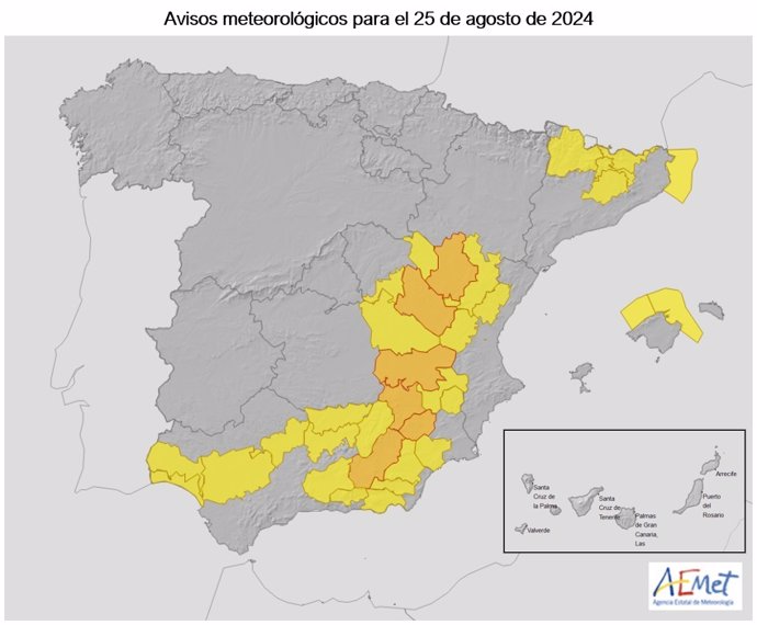 AEMET alerta de "peligro importante" por tormentas en las próximas horas en zonas de Aragón, C-LM y Andalucía.