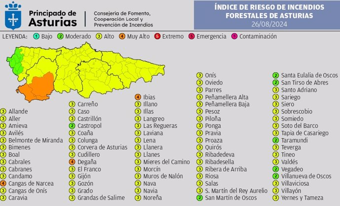 Indice de riesgo de incendios en Asturias para el 26 de agosto de 2024