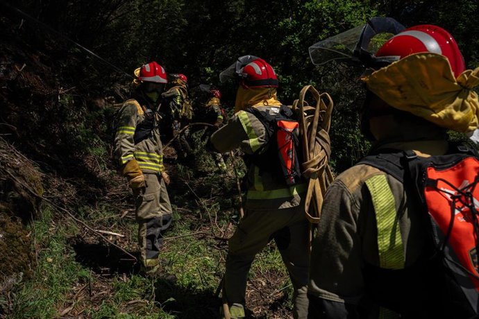 Archivo - Agentes de los equipos de bomberos trabajan en el lugar del incendio, a 16 de abril de 2024, en Crecentes, Pontevedra, Galicia (España). 