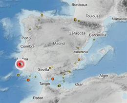 Imagen con la señal roja que indica la zona del terremoto.