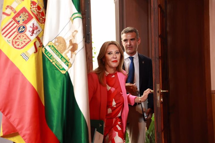 La consejera de Economía, Hacienda y Fondos Europeos y portavoz del Gobierno, Carolina España, y el consejero de Agricultura, Pesca, Agua y Desarrollo Rural, Ramón Fernández-Pacheco, comparecen en la rueda de prensa posterior al Consejo de Gobierno de And