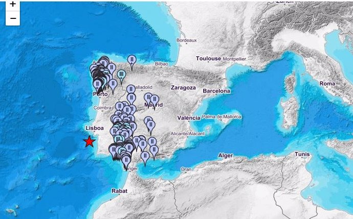 Mapa de intensidades del terremoto registrado al sur de Lisboa.