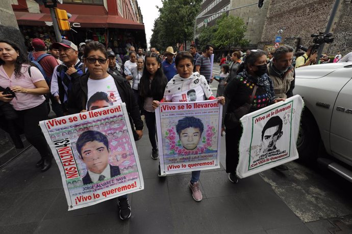 Relatives of the victims of the 43 missing students from the Isidro Burgos Rural Normal School, attending the Mexico City Museum to hold a meeting with the incoming president of Mexico Claudia Sheinbaum Pardo. on July 29, 2024 in Mexico City, Mexico.