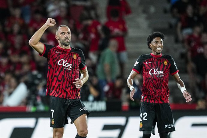 Vedat Muriqi of RCD Mallorca celebrates a goal during the Spanish league, La Liga EA Sports, football match played between RCD Mallorca and Real Madrid at Son Moix stadium on August 18, 2024, in Mallorca, Spain.