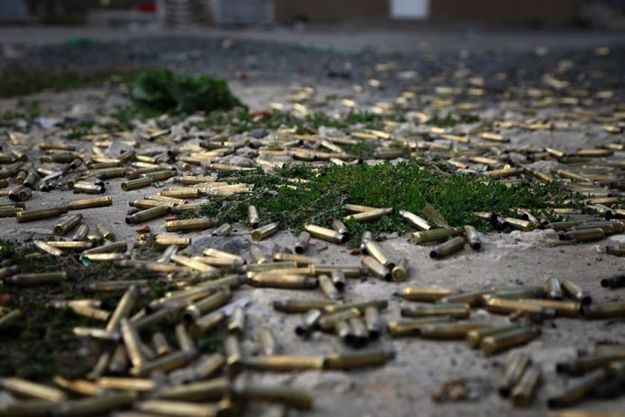 August 16, 2024, Sudzha, Kursk Oblast, Russia: SUDZHA, RUSSIA - AUGUST 16, 2024 - Cartridge cases carpet the ground in Sudzha, Kursk Oblast, Russia.
