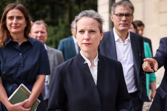 August 23, 2024, Paris, France, FRANCE: Paris, le 23 aout 2024 - La candidate de la coalition de gauche du NPF, Nouveau Front Populaire , au poste de Premier ministre, Lucie Castets, accompagnee de Manuel Bompard, Marine Tondelier, Olivier Faure, et les m