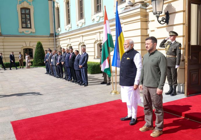 August 23, 2024, Kyiv, Kiev Oblast, Ukraine: Ukrainian President Volodymyr Zelenskyy, right, and Indian Prime Minister Narendra Modi stand for the national anthems during arrival ceremonies at the Mariinskyi Palace, August 23, 2024 in Kyiv, Ukraine.