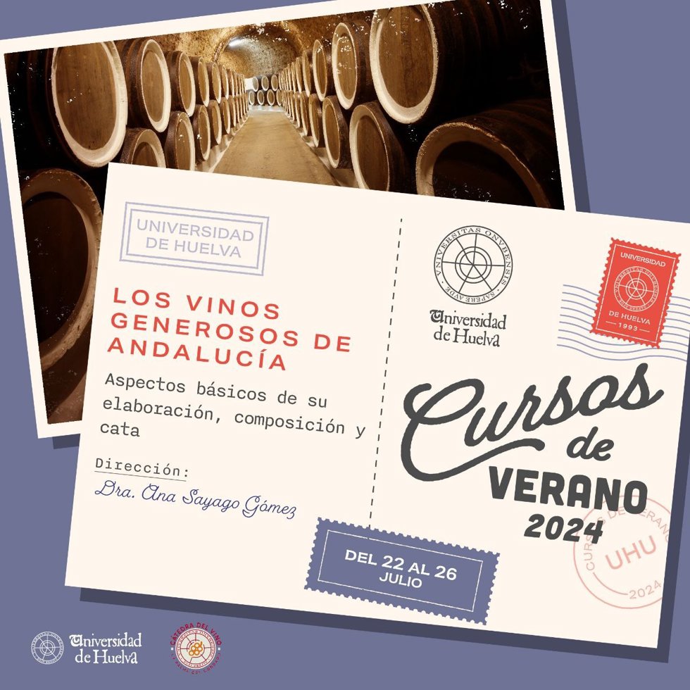 Cartel del curso de verano de la UHU sobre los vinos generosos de Andalucía.